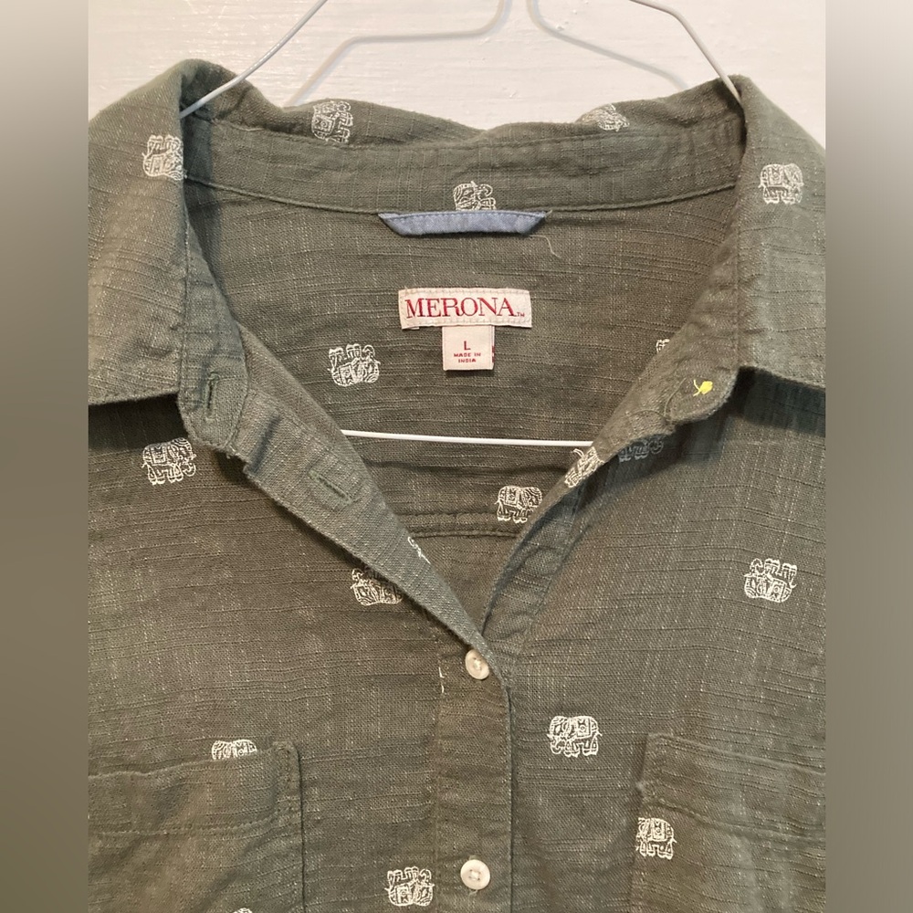 Merona Green Collar Button Down Cotton Shirt with Elephants - Picture 8 of 11